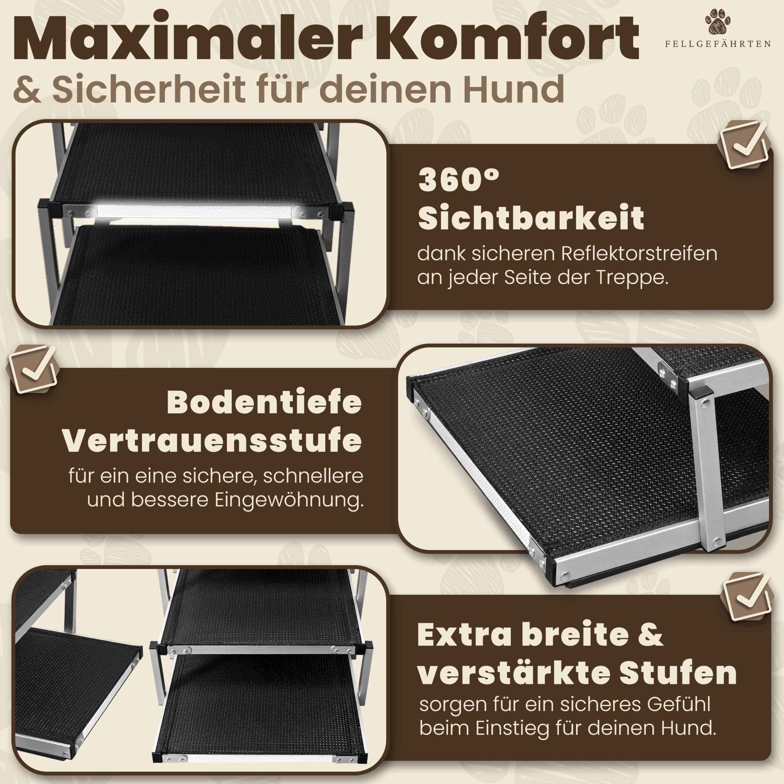 Hundetreppe Auto klappbar & Hunderampe – stabile, rutschfeste Einstiegshilfe für große Hunde mit Reflektoren, in 2 Größen erhältlich