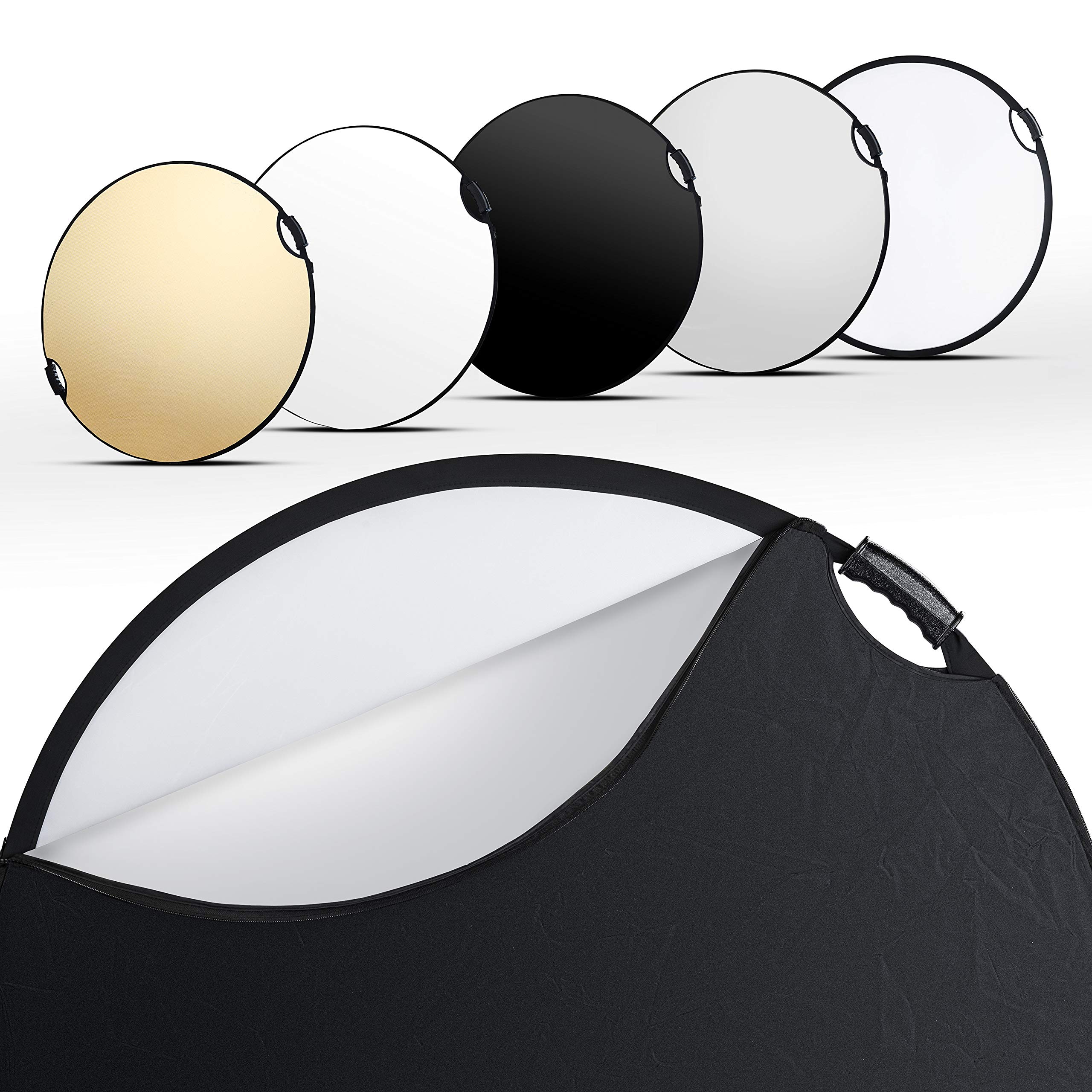 Walimex pro Set riflettore pieghevole 5 in 1 pop up Ø 107 cm Pannello riflettente fotografico con colori oro-wavy, argento, bianco, nero e diffusore, borsa per il trasporto inclusa