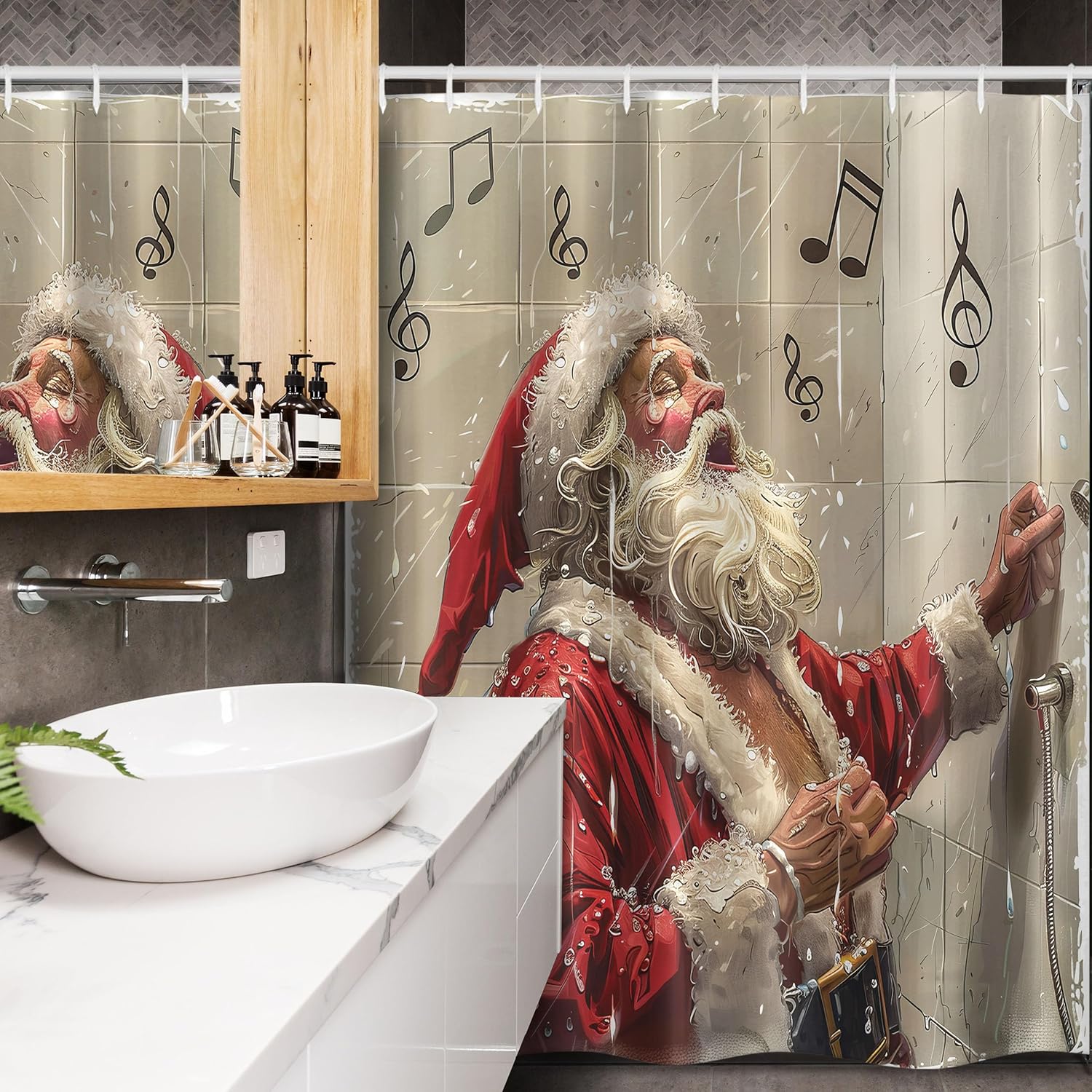 Ambesonne Christmas Stall Shower Curtain, Vintage Illustration of Santa Claus Singing in The Shower Xmas Theme, Fabric Bathroom Decor Set with Hooks, 54" W x 78" L, Camel Beige Hot Pink