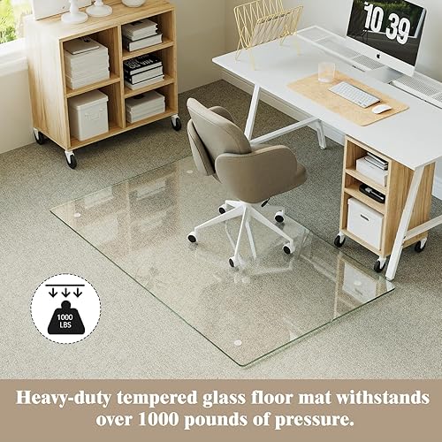 Vista 56 de Koonmi Tapete para silla de vidrio templado para suelos de madera dura y alfombras, 30 x 48 pulgadas, color gris, protector de piso de oficina
