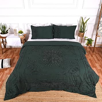 100% Cotton Hand Tufted Textured Duvet Cover Boho Bedding Comforter Cover Set of 3 Pieces with Corner Ties & Zip ClosuresDark Green Design 1,California King 98" x 104"