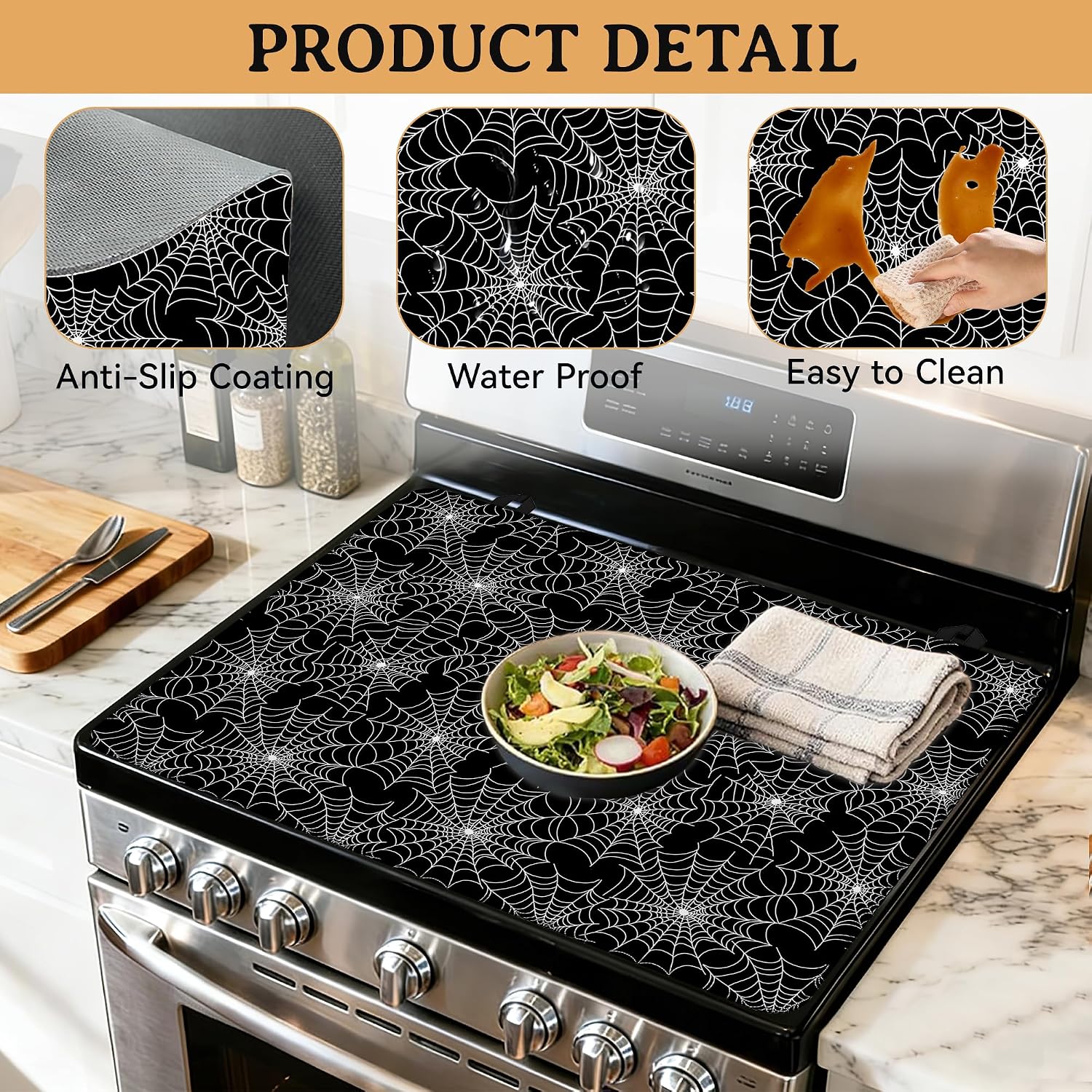 Electric Stove Top Cover, Black Spider Web Stove Top Covers for Electric Stove, 28"x20" Heat Resist Kitchen Glass Stove Mat Decor Cooktop Ceramic Mat Gas Stove Pad