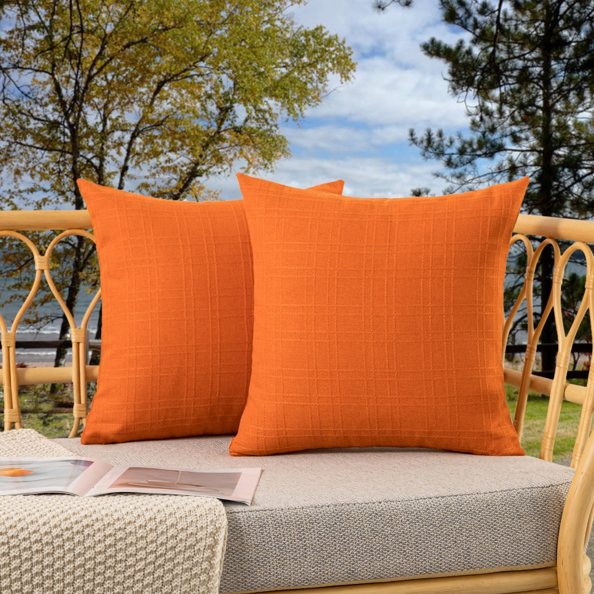 Kevin Textile Outdoor Waterproof Throw Pillow Covers Decorative Farmhouse Water Resistant Checkered Cushion Covers for Tent Patio Garden Couch Sofa Pack of 2, 18x18 Inch Orange