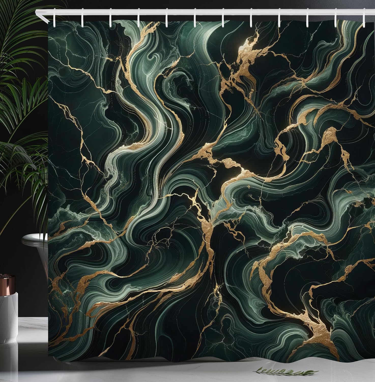 Ambesonne Dark Green Shower Curtain, Swirling Marble Print