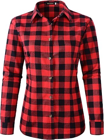 Beninos Womens Flannel Plaid Button Down Shirt Casual Blouses