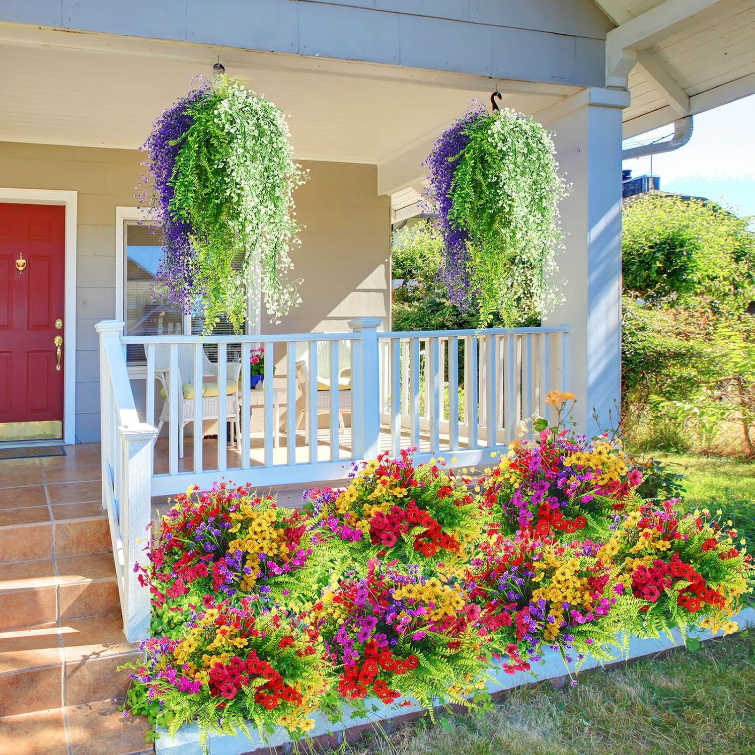 42 Pcs Artificial Fake Hanging Flowers Set for Outdoor Artificial Plants UV Resistant for Home Decoration Boxwood Stems Fake Shrubs Hanging Flower for Yard, Patio, Lawn&Balcony Decoration