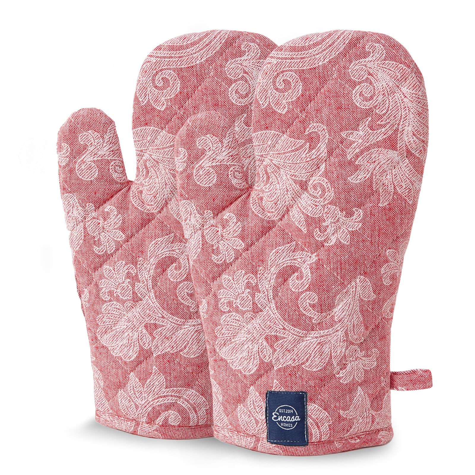 Encasa XO Guanto Da Forno | Gants Per Microonde, Cucina E Uso In Cucina | 18x30 cm | Porta Utensili In Cotone - Tessuto Chambray (Confezione Da 2, Rosso)
