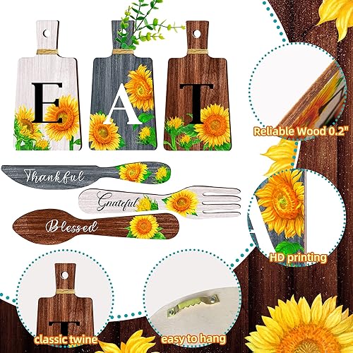 Miniatura 18 de Juego de 6 letreros de girasol para cocina, tenedor y cucharas, decoración de pared de cocina, placas colgantes de madera, arte de pared de granja,