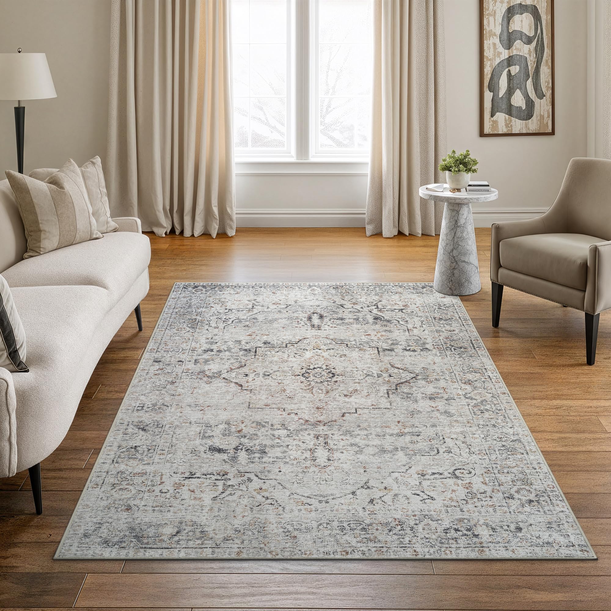 Bloom Rugs Caria Washable Non-Slip 4x6 Rug - Ivory/Gray/Caramel Traditional Area Rug for Living Room, Bedroom, Dining Room, and Kitchen - Exact Size: