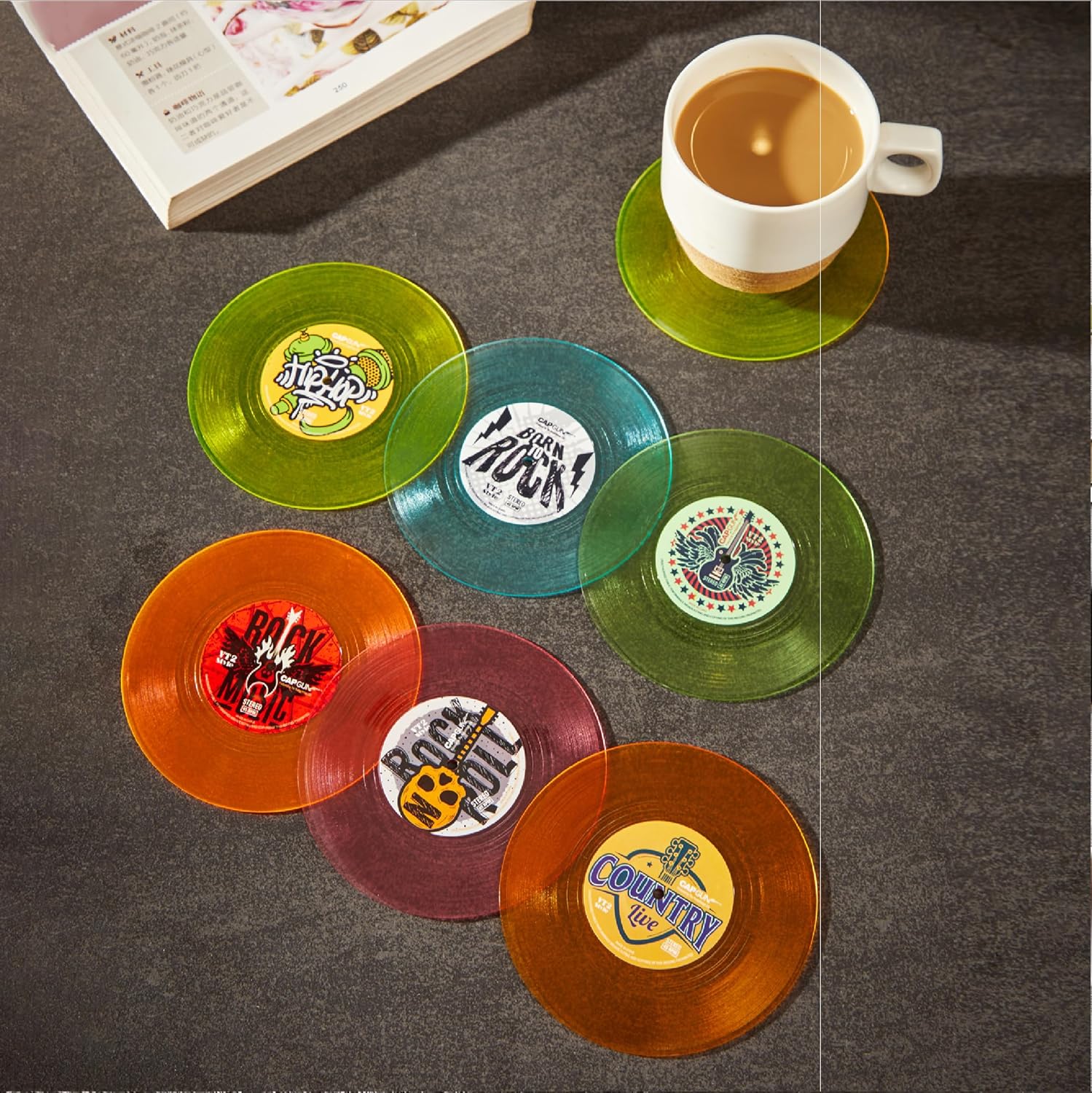 Funny Retro Vinyl Record Coasters, Creative Drink Coasters Set of 6 with Vinyl Record Player Holder for Music Lovers, Housewarming Hostess Gifts (6, V4) - Image 3