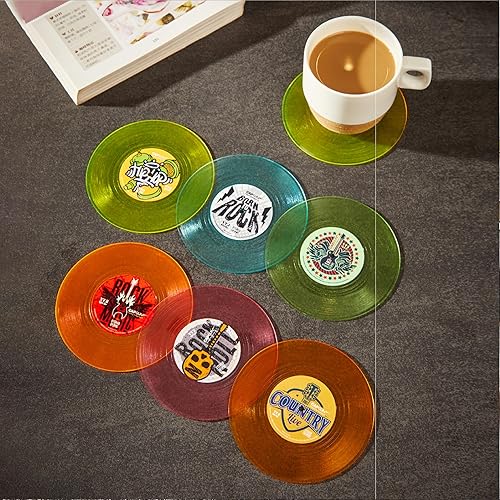Miniatura 3 de Divertidos posavasos retro para discos de vinilo, juego de 6 posavasos creativos con soporte para tocadiscos de vinilo para amantes de la música,