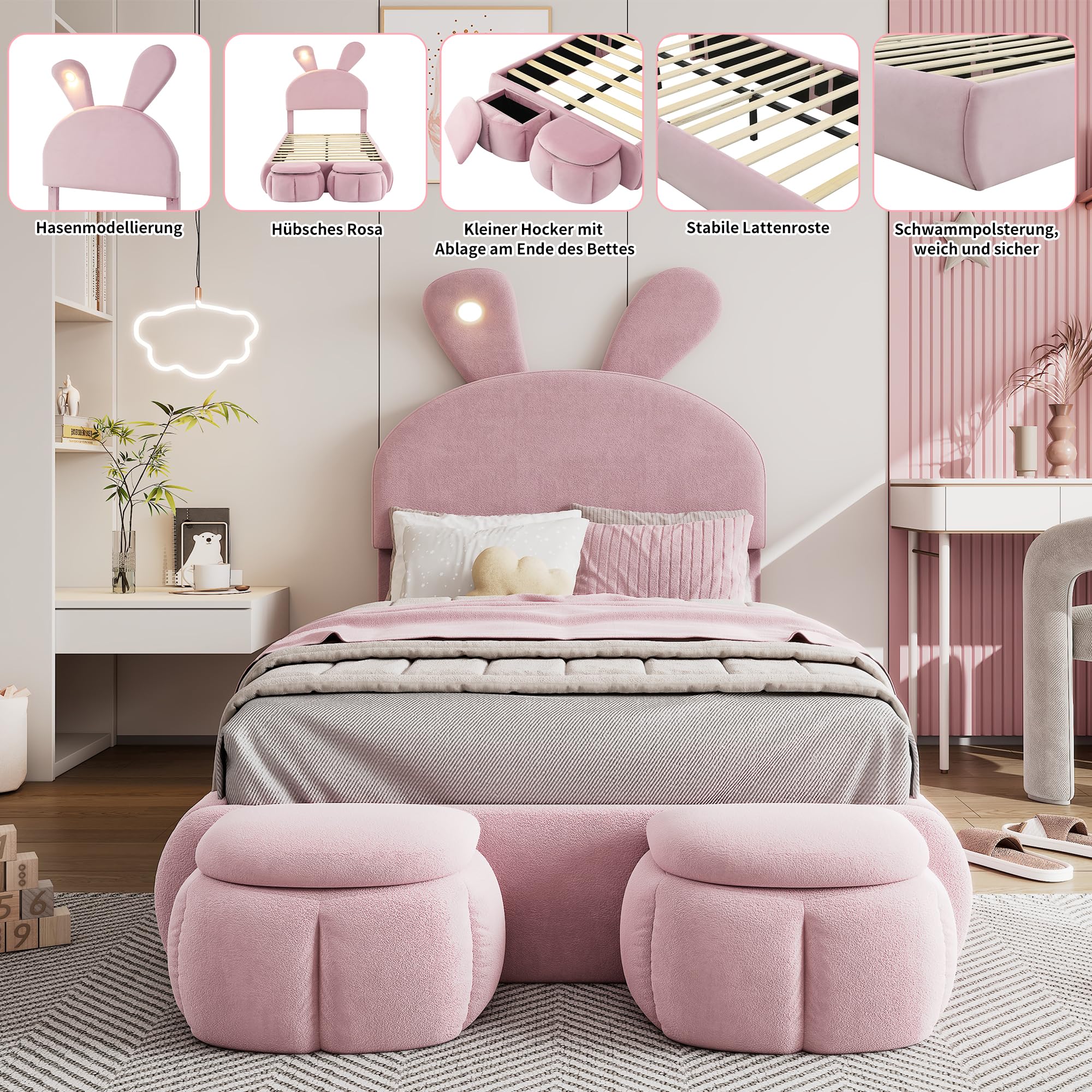 Letto Imbottito per Bambini 90 * 200cm con Due Sgabelli Contenitore, Orecchie di Coniglio con Luce LED, Lettos Singolo con Doghe in Legno, Velluto, Rosa