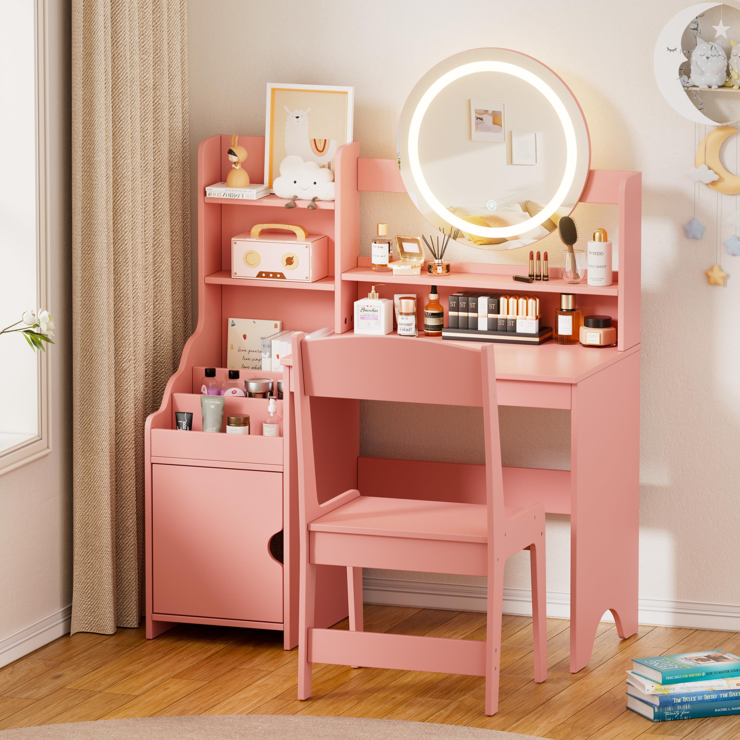 Kids Vanity,Pink Princess Vanity Set with Lighted Mirror,2 in 1 Makeup Vanity with 3-Color Lights,3 Compartments and Storage Cabinet, Vanity Set with Stool for Little Girls
