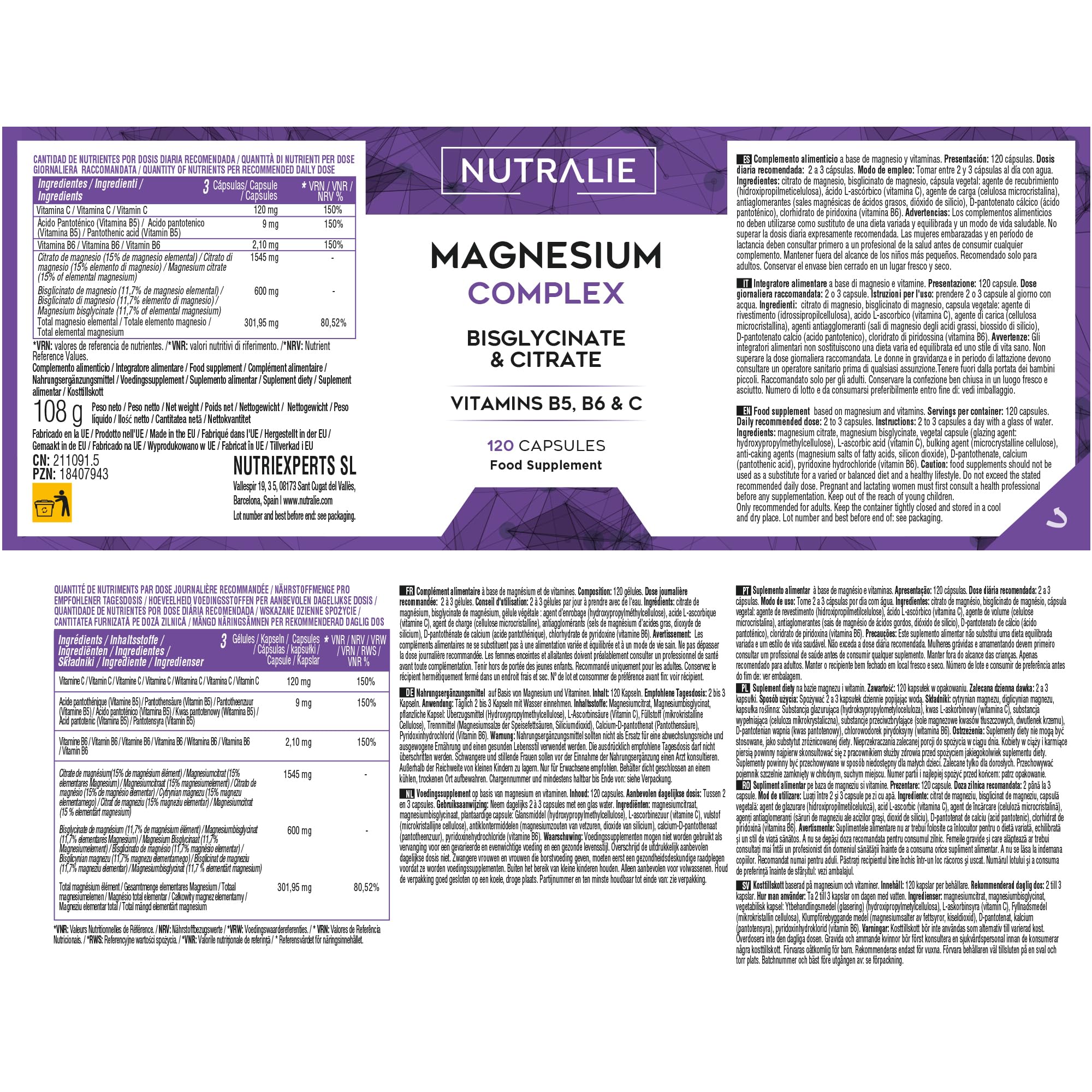 Citrato de Magnesio 1545mg + Magnesio Bisglicinato 600mg - Reduce Cansancio y Fatiga - Magnesium Complex Alta Biodisponibilidad - 120 Cápsulas Veganas Nutralie