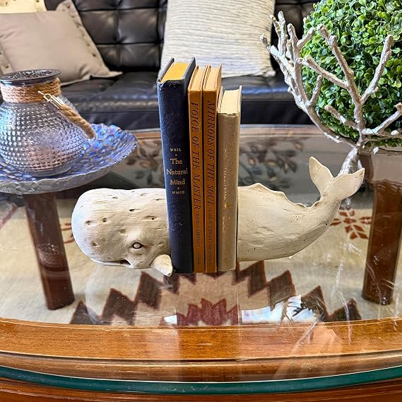 Set of 2 Sperm Whale Decorative Bookends, 10 Inch Off White Resin | Head and Tail Pieces, Weathered Driftwood Look, Spaced to Frame Books on a Shelf or Desk