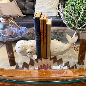 Set of 2 Sperm Whale Decorative Bookends, 10 Inch Off White Resin | Head and Tail Pieces, Weathered Driftwood Look, Spaced to Frame Books on a Shelf or Desk