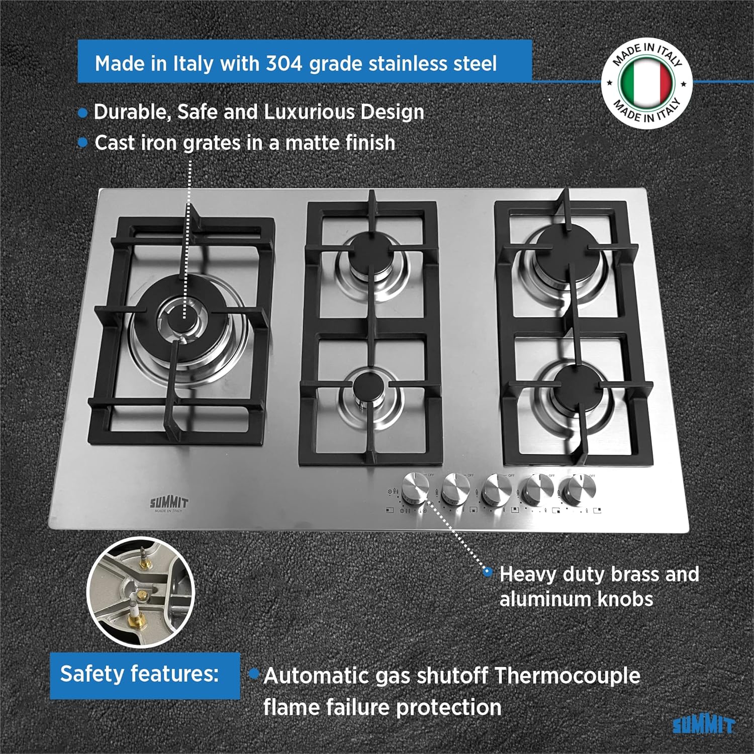 Summit GCJ536SS, 34-Inch-Wide 5-Burner Gas Cooktop, Stainless Steel with Sealed Burners, Cast Iron Grates, NG/LPG Conversion Kit, Wok Ring, Flame Failure Protection, Easy to Clean, Cord Included