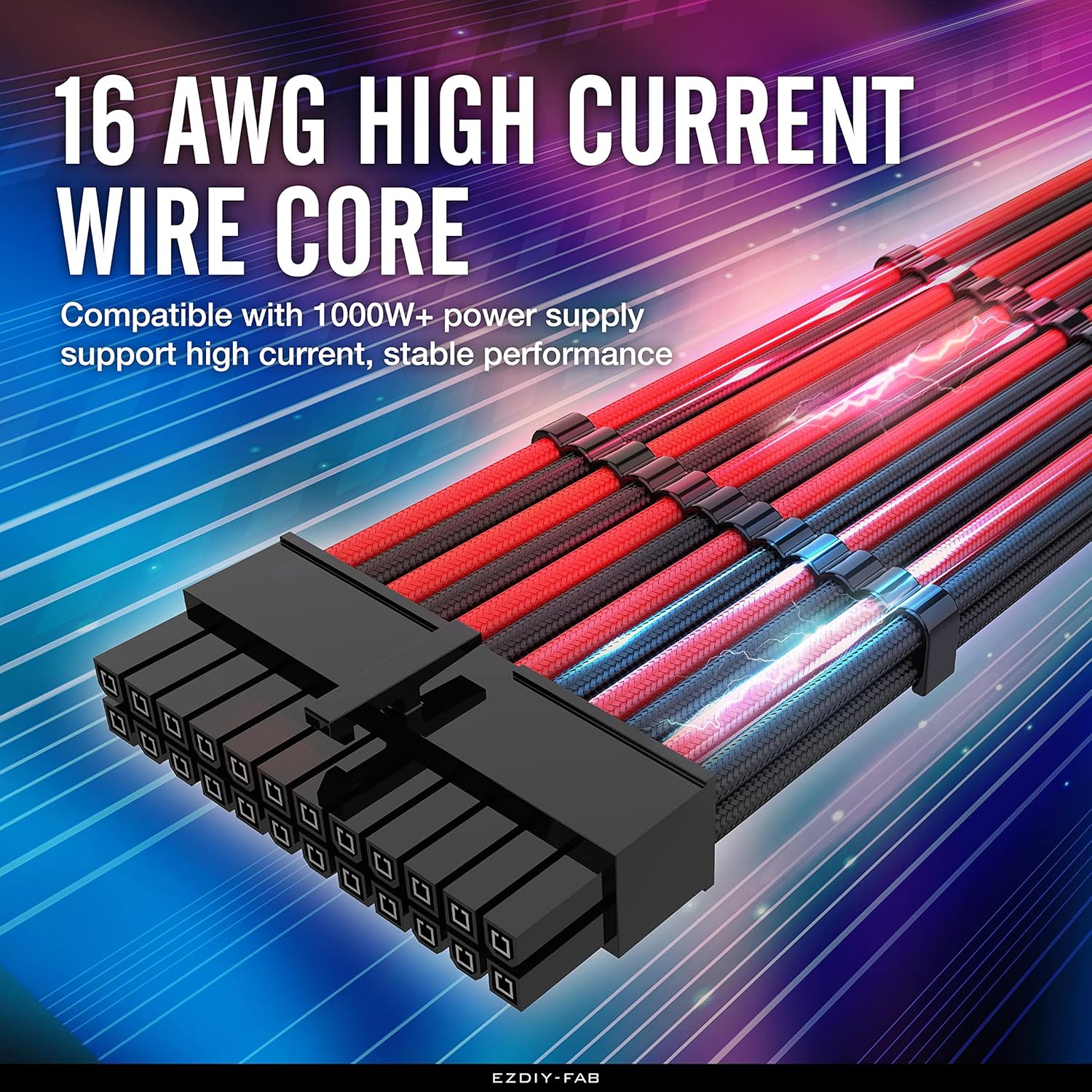 EZDIY-FAB PSU Cable Extension kit Sleeved Cable Custom Power Supply Sleeved Extension 16 AWG 24-PIN 8-PIN 6-PIN 4+4-PIN with Combs- Black/Red