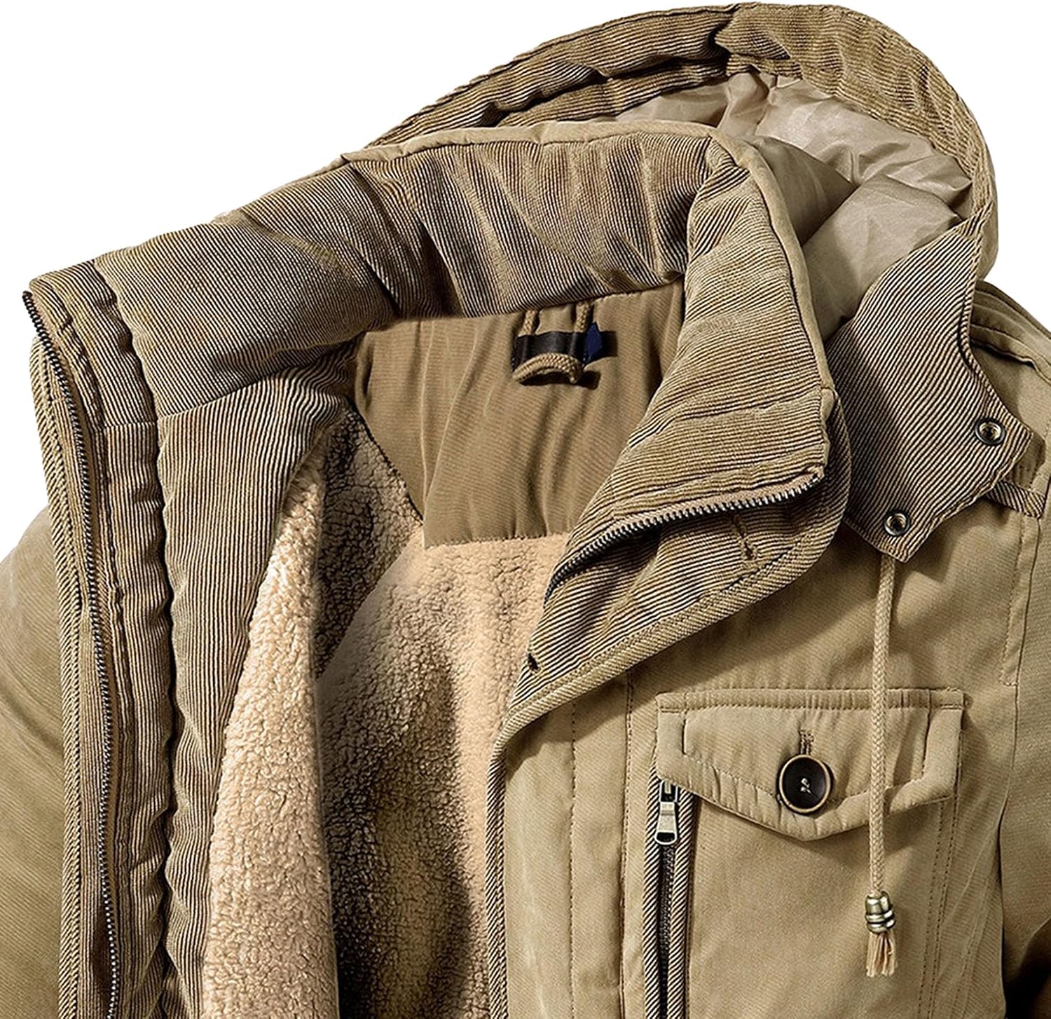 Men's Winter Thicken Hood Work Jackets Casual Fleece Lined Cotton Military Jacket Warm Cargo Pockets Outerwear
