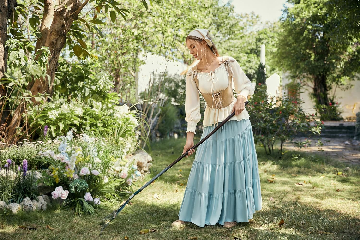 Scarlet Darkness Womens Renaissance Shirt Peasant Off Shoulder Tops Smocked Waist Long Sleeve Blouse - Image 9