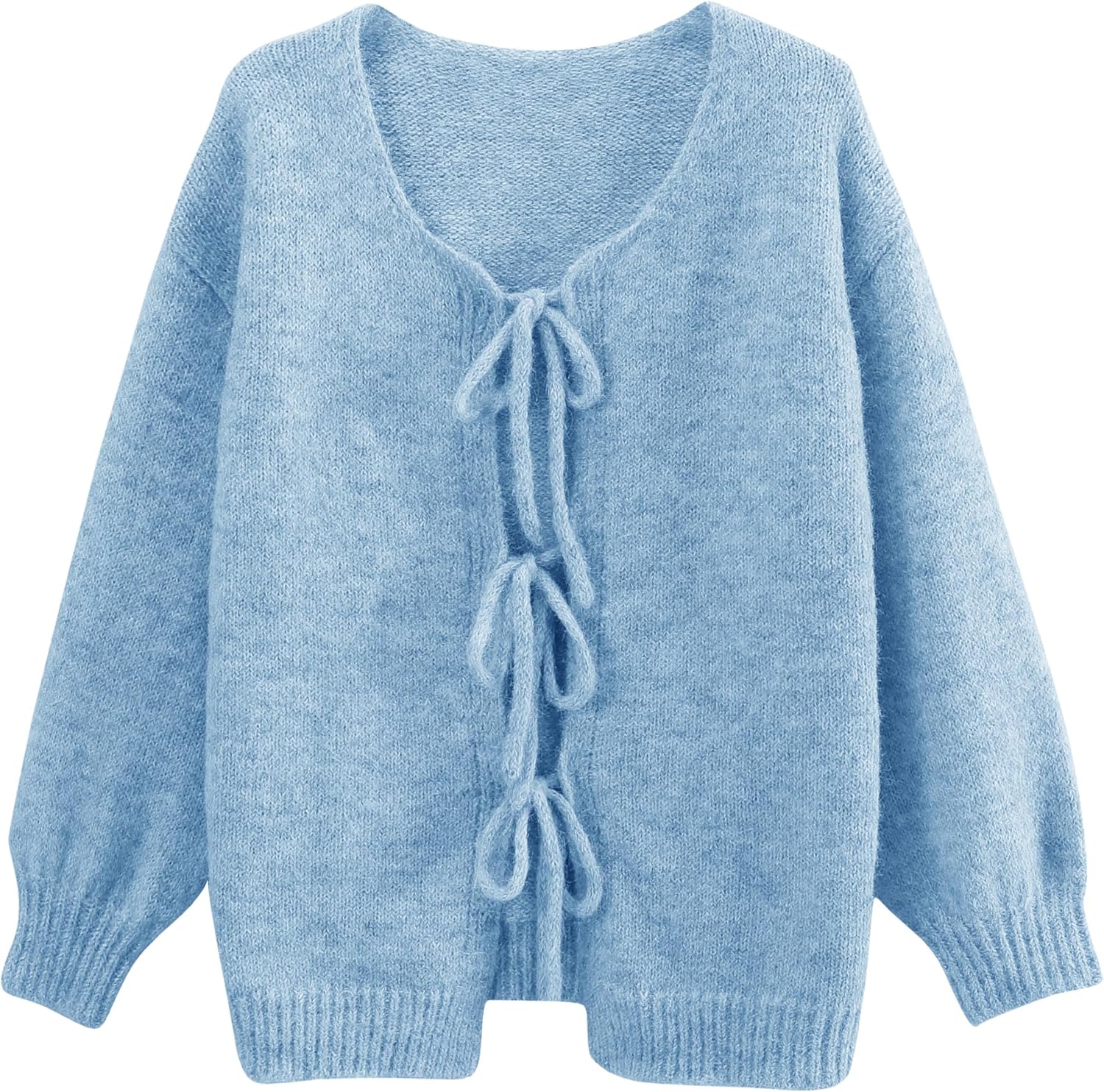 Lumister Cute Oversized Cardigan Sweaters for Women Y2K Long Sleeve V Neck Bow Tie Front Cadigan Knitwears Bow Tops