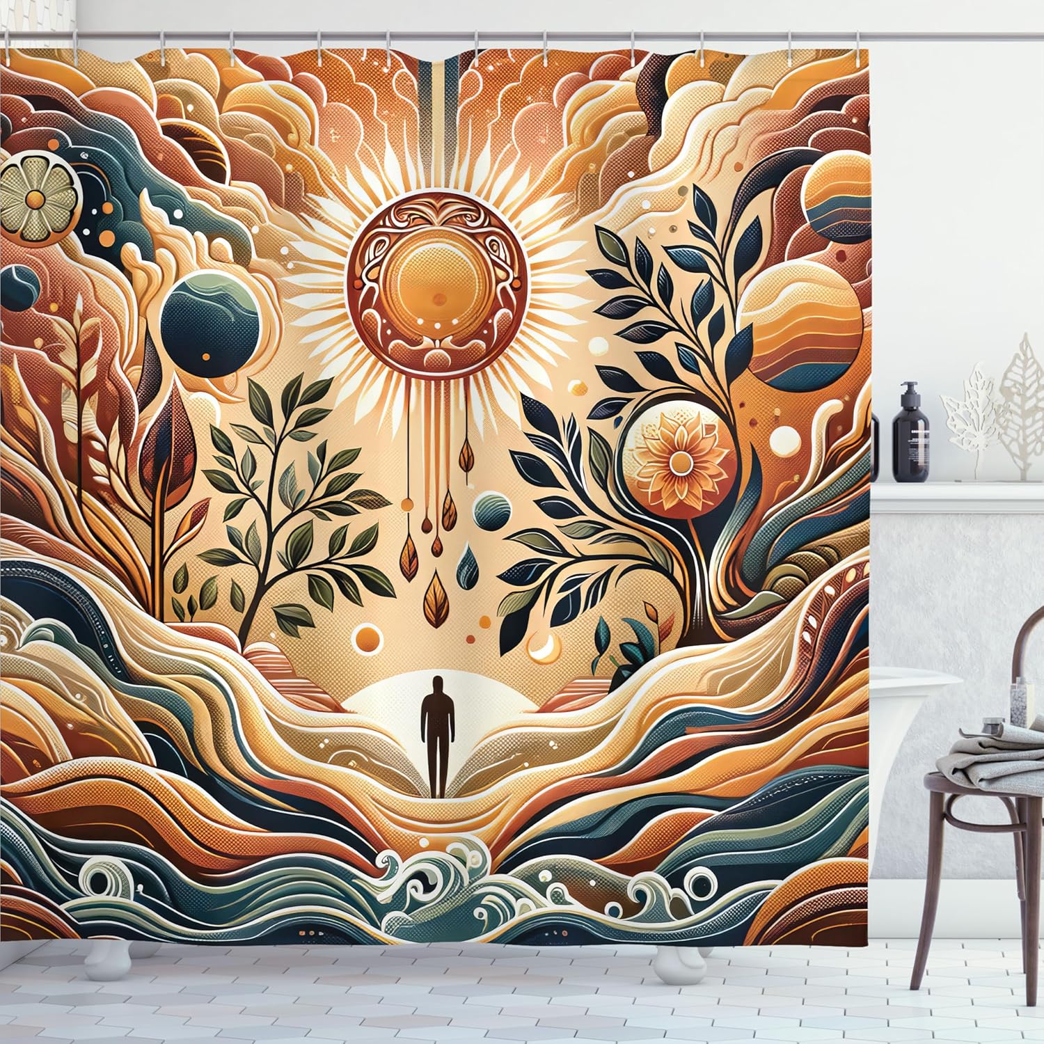 Ambesonne Trippy Shower Curtain, Bohemian Sunny Atmosphere Waves Psychedelic Huddles of Clouds and Leaves, Cloth Fabric Bathroom Decor Set with Hooks, 69" W x 84" L, Pale Brown Petrol Blue