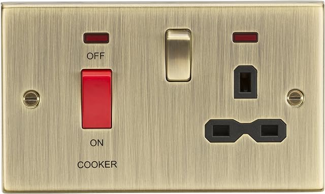 Knightsbridge CS83AB 45A DP Cooker Switch & 13A Switched Socket with Neons & Black Insert - Square Edge Antique Brass