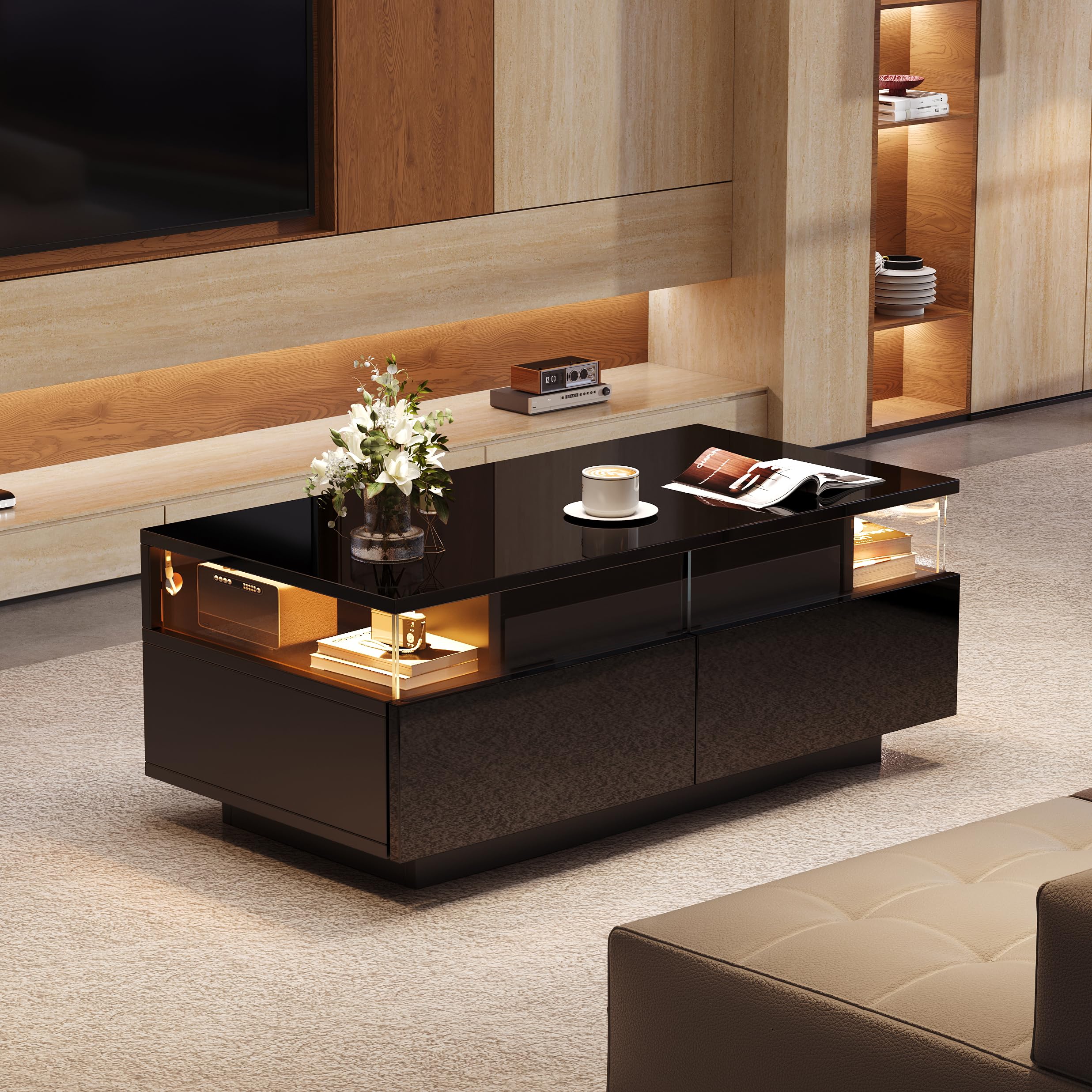 BTM Speicher-Couchtisch mit LED Licht und 2 Schubladen 90x45x35.5 cm Couchtisch fürs Wohnzimmer Hochglanz Sofatisch mit Tablett und gehärtetem Glas Schwarz