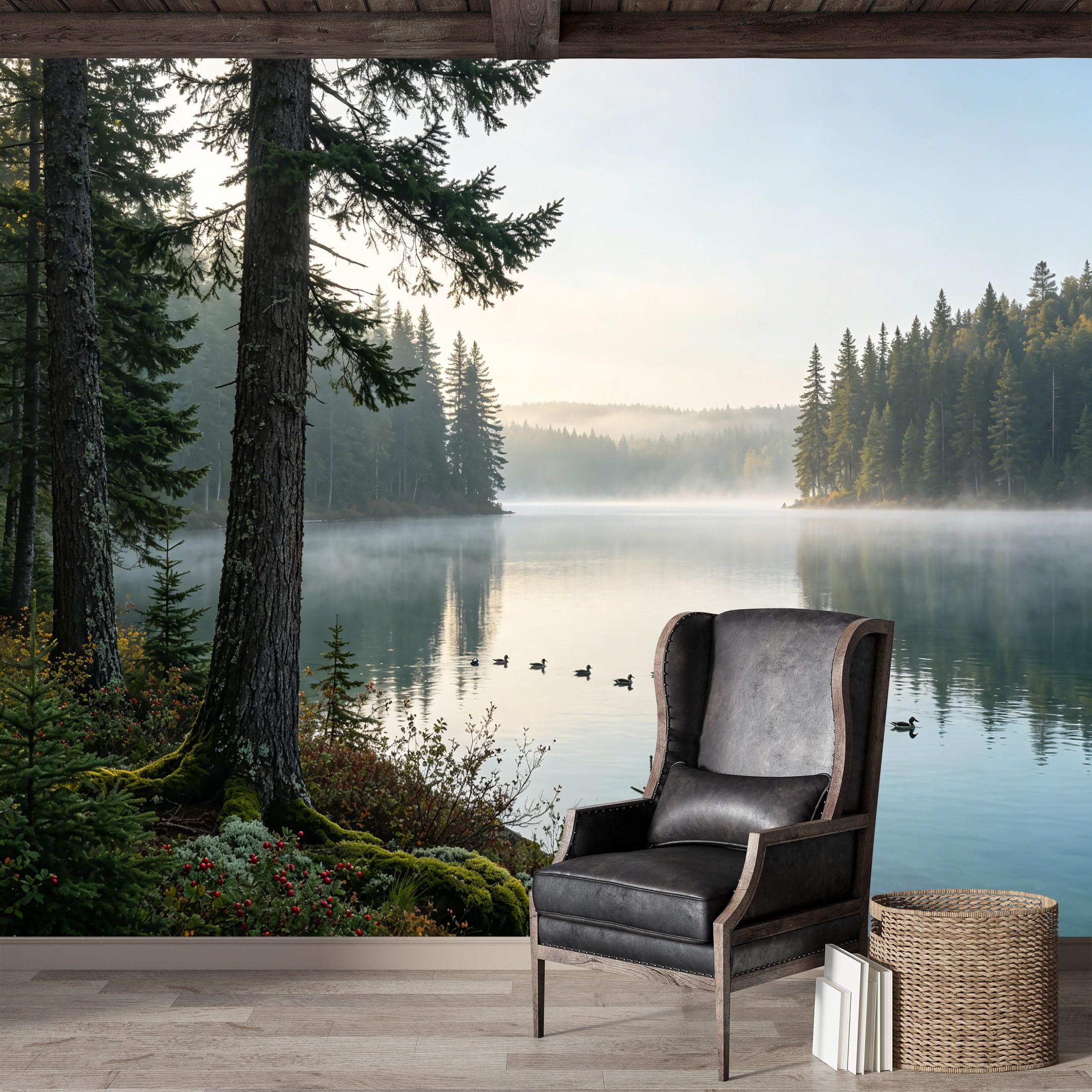 Custom Size Wall Mural,Serene Lake Forest Ducks Landscape Watercolor Premium Water Activated SelfAdhesive Wallpaper,Removable Wall Covering,Easy DIY Install Wall Art for Indoor Home Decor
