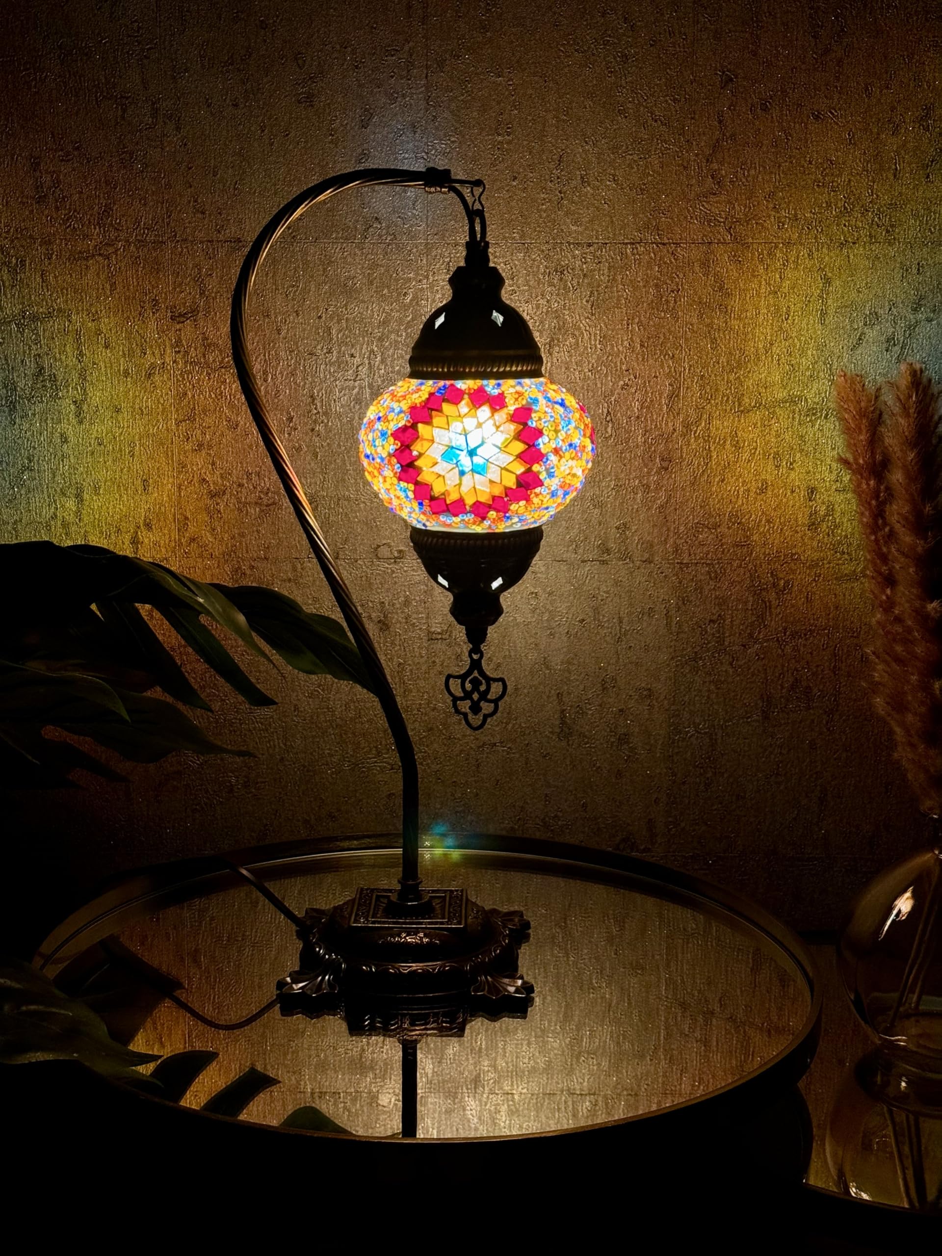 Lightza Handmade Turkish Moroccan Mosaic Desk Lamp LED Bulb | Swan Neck Unique Globe Lampshade Table Light | UK Tested Safe Energy Efficient (Red with Multi Color Star) โ image 1