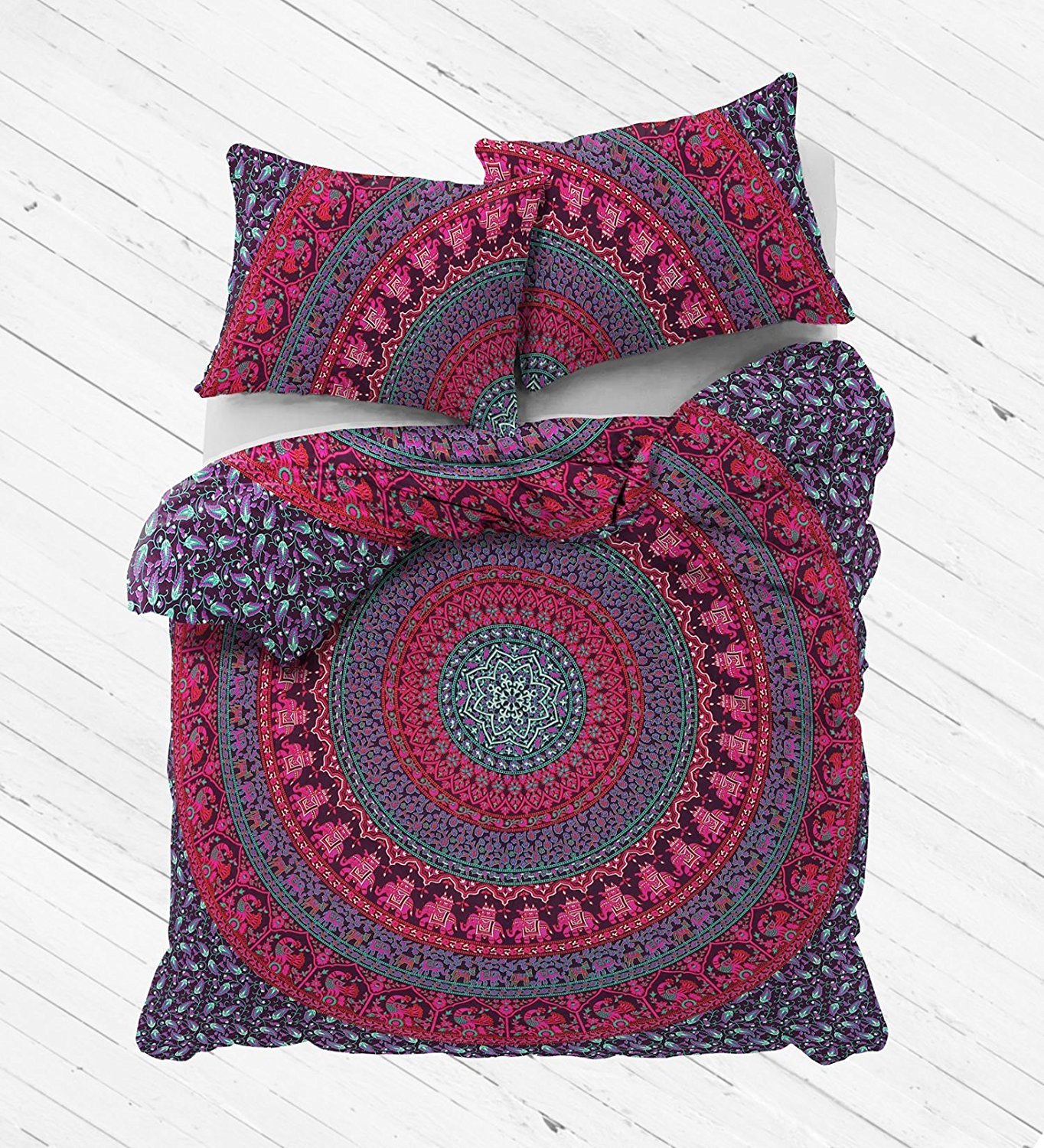 Sophia-Art 4-częściowy zestaw indyjska kołdra ochronna pokrowiec ręcznie wykonany hipisowski bawełniany bohema słoń mandala ombre poszewka na kołdrę pościel Donna narzuta koc z 2 poduszkami poszewki (zielona mandala)