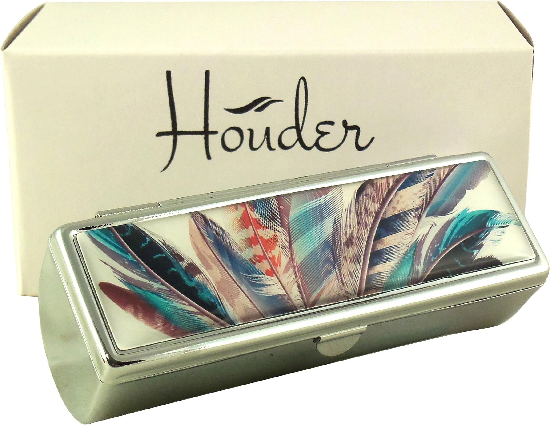 Designer Lipstick Case with Mirror for Purse - Decorative Lipstick Holder with Gift Box - Velvet Lined - Protect Your Lipsticks in Style (Feathers)