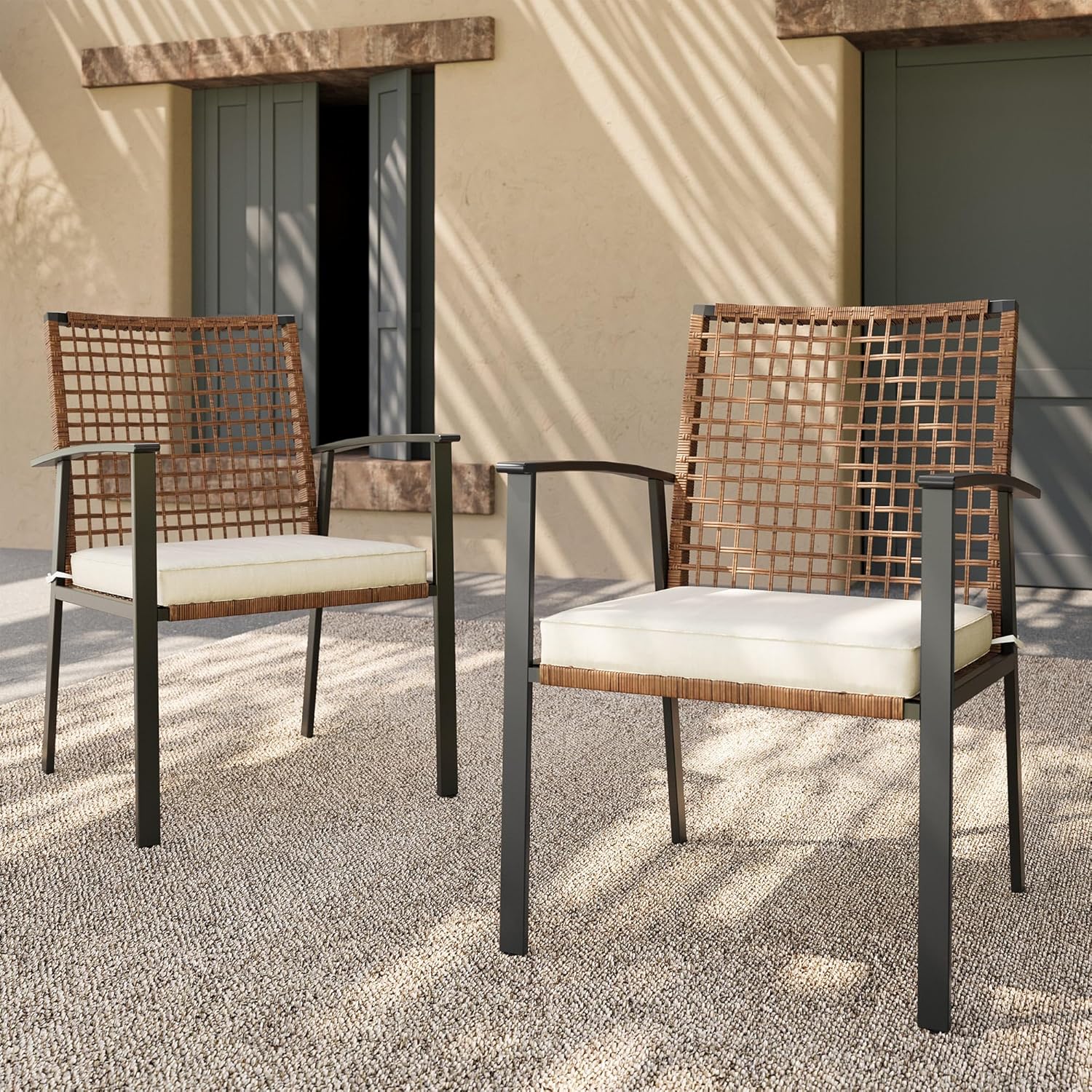 LAUSAINT HOME Patio Dining Chairs Set of 2, Outdoor PE Rattan Chairs with High Back and Soft Cushion, Black Metal Frame for Lawn Garden Backyard