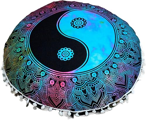Funda redonda para cojín de mandala, estilo hippie, bohemio, otomana, con pompones, funda decorativa, boho, india, 22 pulgadas (multicolor Yin yang)