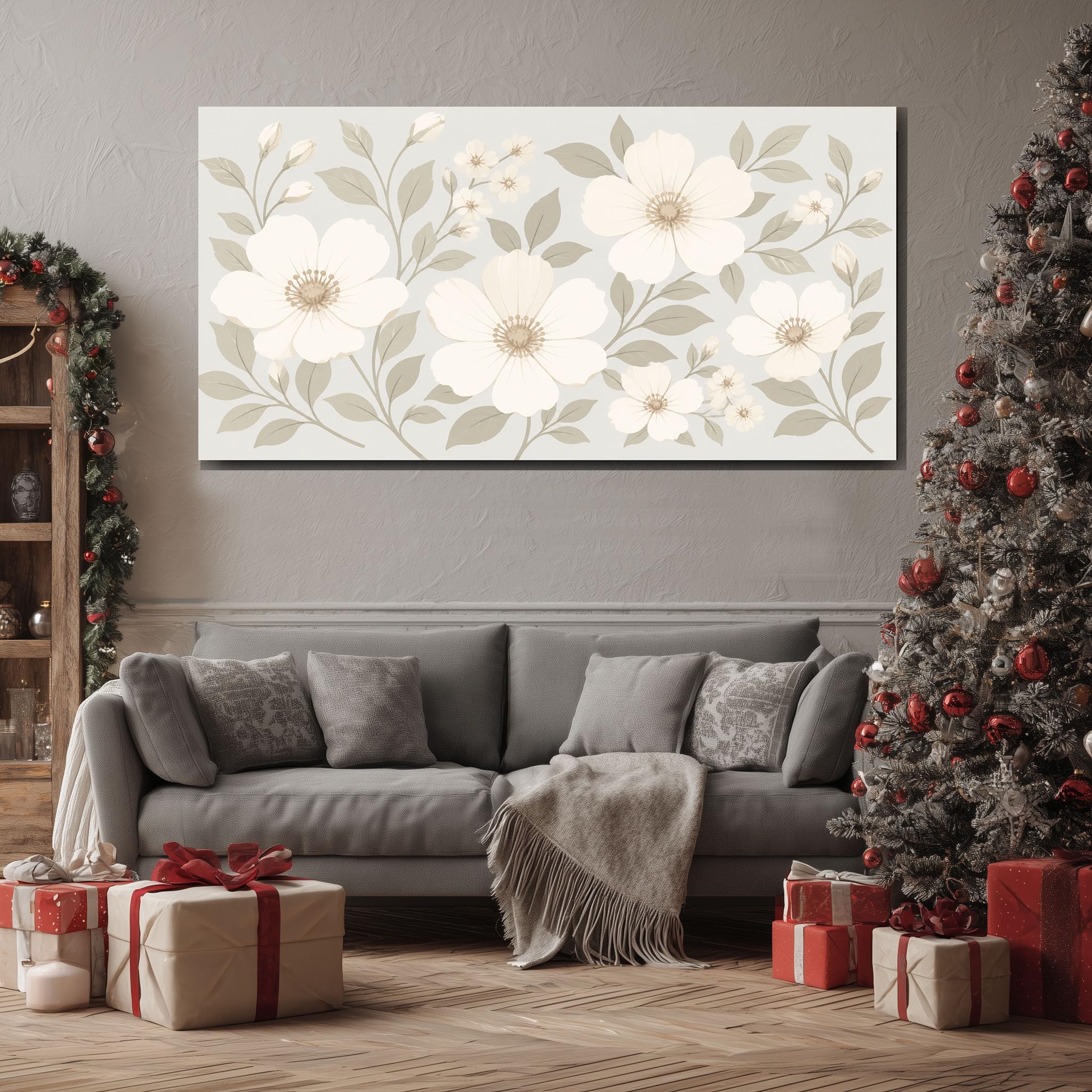 Quadro Moderno Soggiorno Foglie Botaniche Neutre Con Cornice 60X120 Cm