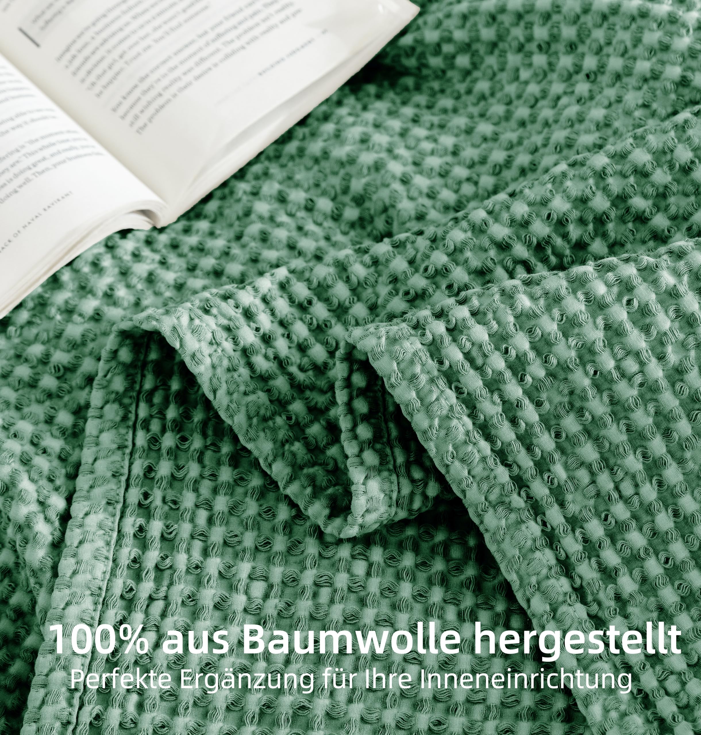 Tagesdecke 100% Baumwolle Waffeloptik 150x200cm Grün Atmungsaktiv Bettüberwurf Couchüberwurf