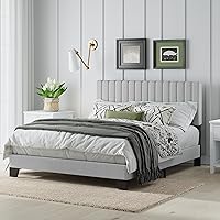 Vista 3 de Base de cama tamaño Queen, plataforma tapizada con cabecero ajustable, estructura resistente y listones de madera, silenciosa, no necesita somier