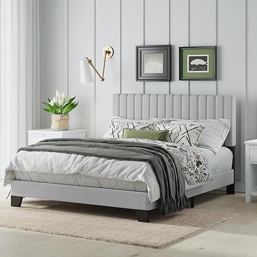 Miniatura 3 de Base de cama tamaño Queen, plataforma tapizada con cabecero ajustable, estructura resistente y listones de madera, silenciosa, no necesita somier,