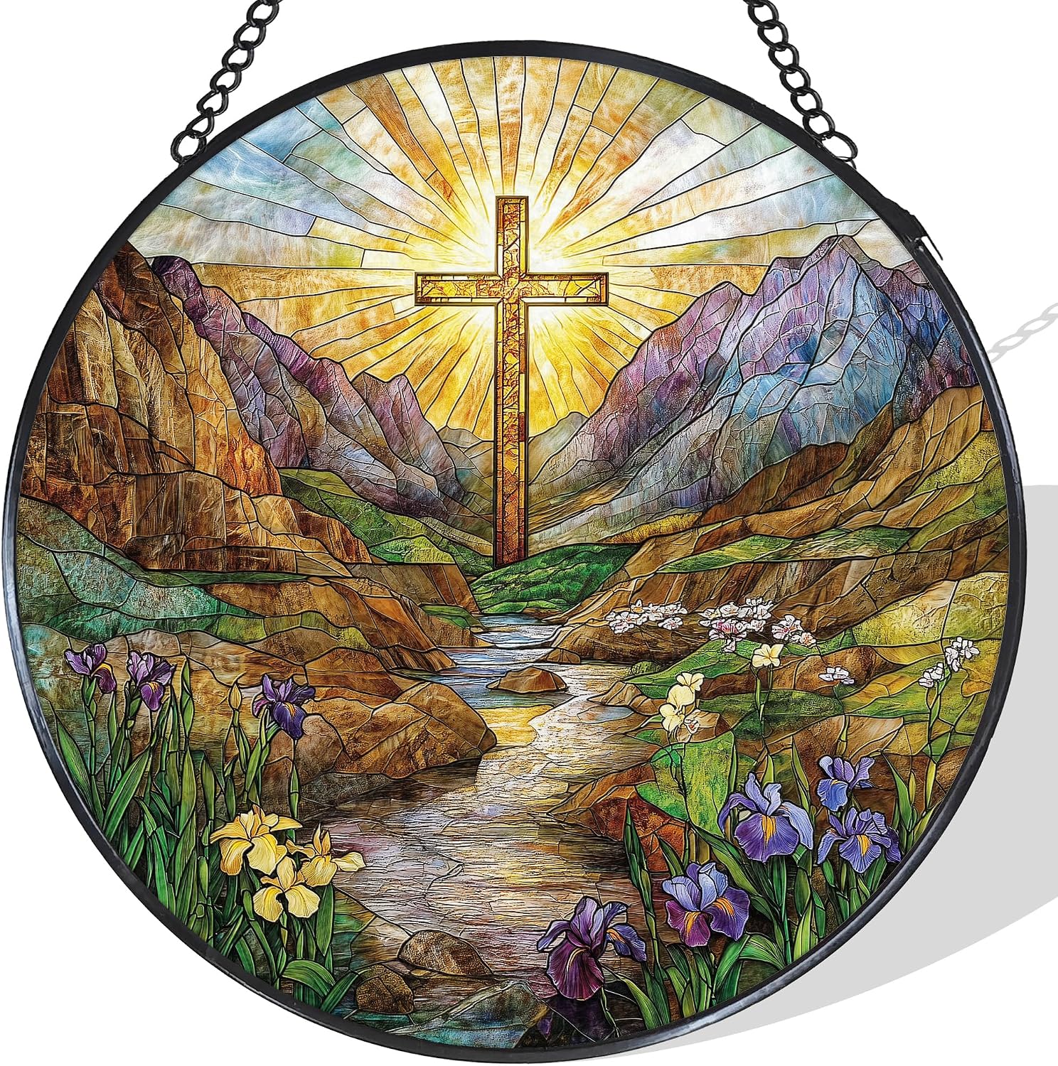 Cross Valley Wildflowers Stained Glass Window Hanging Suncatcher, Christian Sunset Sun Catcher Indoor Window Decor Gifts, Religious Painted Glass Round Wall Hanging Decorations 7.8x7.8 in