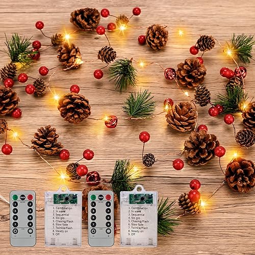Miniatura 9 de Guirnalda de Navidad con luces, 6.7 pies, 20 luces LED de piña, funciona con pilas, guirnalda de Navidad con bayas rojas, guirnalda de luces de