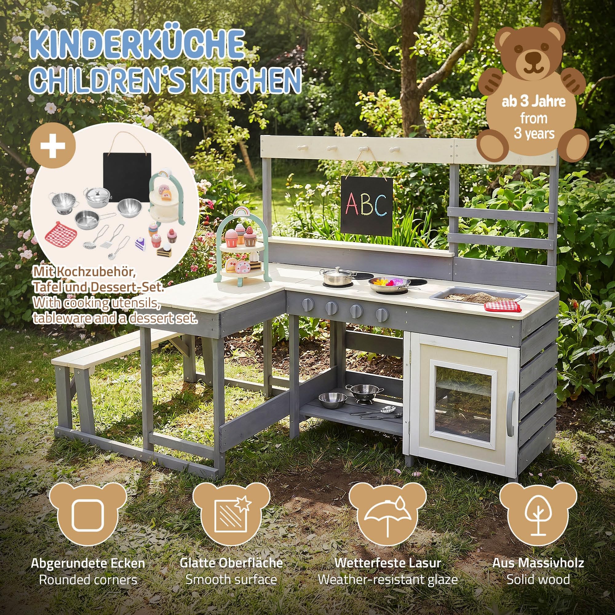 Joyz Kinderküche aus Tannenholz massiv, Spielküche mit Tisch, Sitzbank, Tafel & Küchenzubehör, Outdoor Holzküche, Wetterfeste Kinderspielküche Set, Matschküche, Spielzeugküche für Kinder ab 3 Jahren