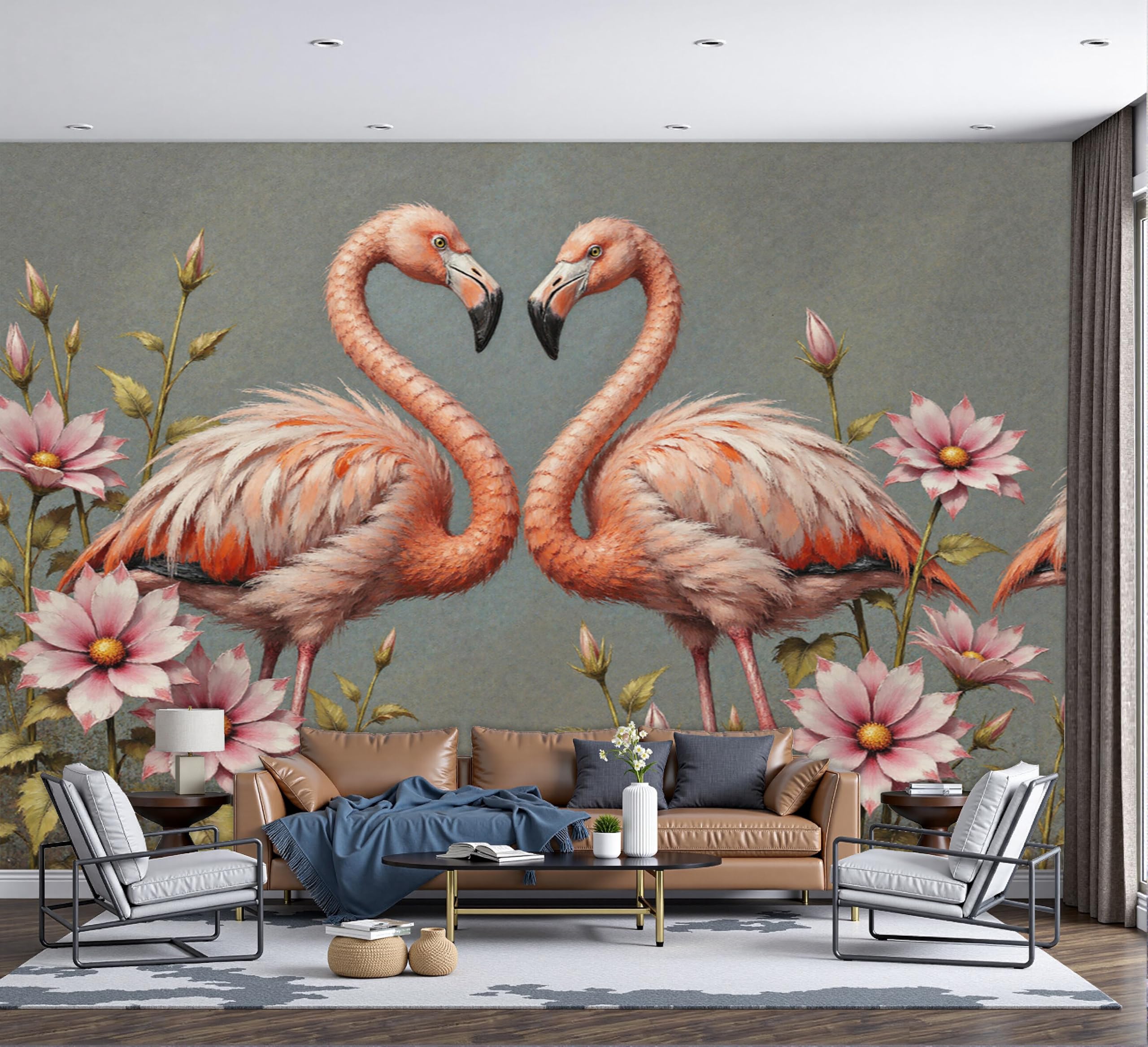 Papier Peint Panoramique 3D Flamant Rose 300X210Cm | Papier Peint Murale Intissé Peinture À L'Huile Classique D'Animaux,Tapisserie Murale Pour Salon Chambre Maison Décoration Intérieure
