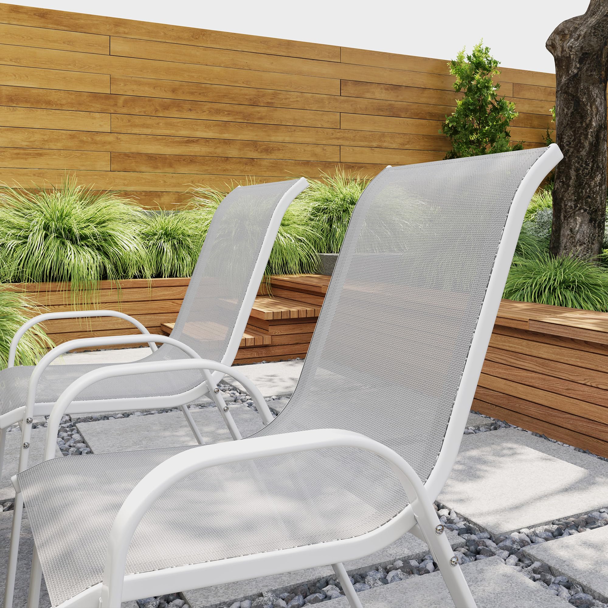 Outsunny Juego de 4 Sillas de Jardín Exterior, Sillas Terraza Exterior Apilables, Sillas de Jardín con Tela Transpirable, Marco de Acero, Reposabrazos y Respaldo, 54x71x93 cm, Gris y Blanco