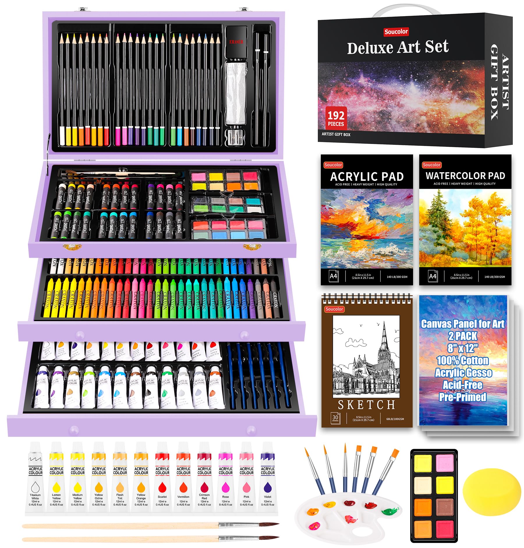 Soucolor Valentines Day Gifts for Kids, Teen Girl Girls Trendy Stuff, Easter Basket Stuffers for Teens, 192-Pack Drawing Painting Art Supplies with Acrylic Pad, Watercolor Pad, Sketch Book, Canvases
