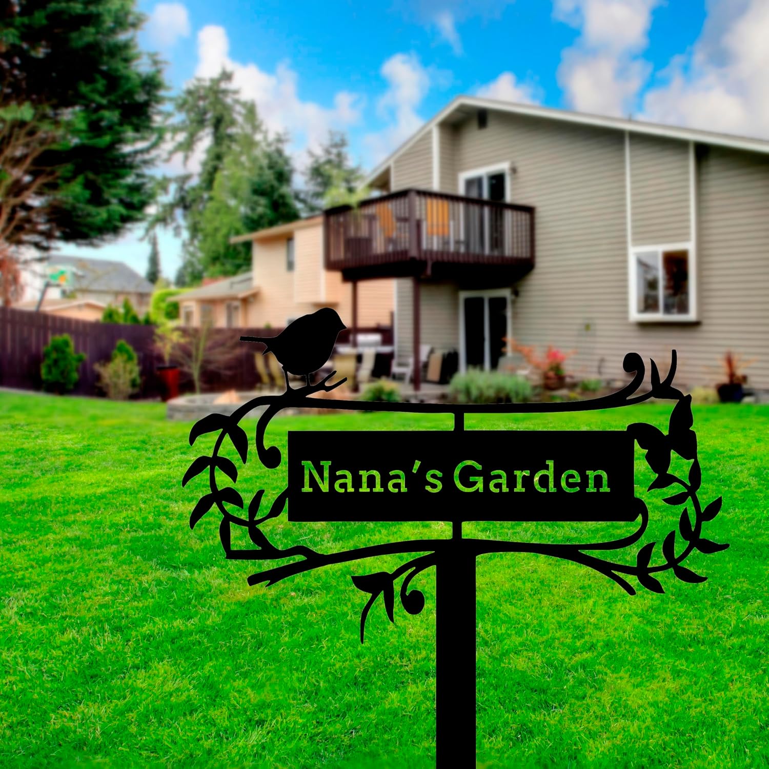 Custom Garden Sign with Stake Bird and Butterfly Metal Sign, Personalized Yard Name Sign, Mom's Garden Sign Yard Decor Gifts for Mother Grandma Mother's Day Gifts 12 inch