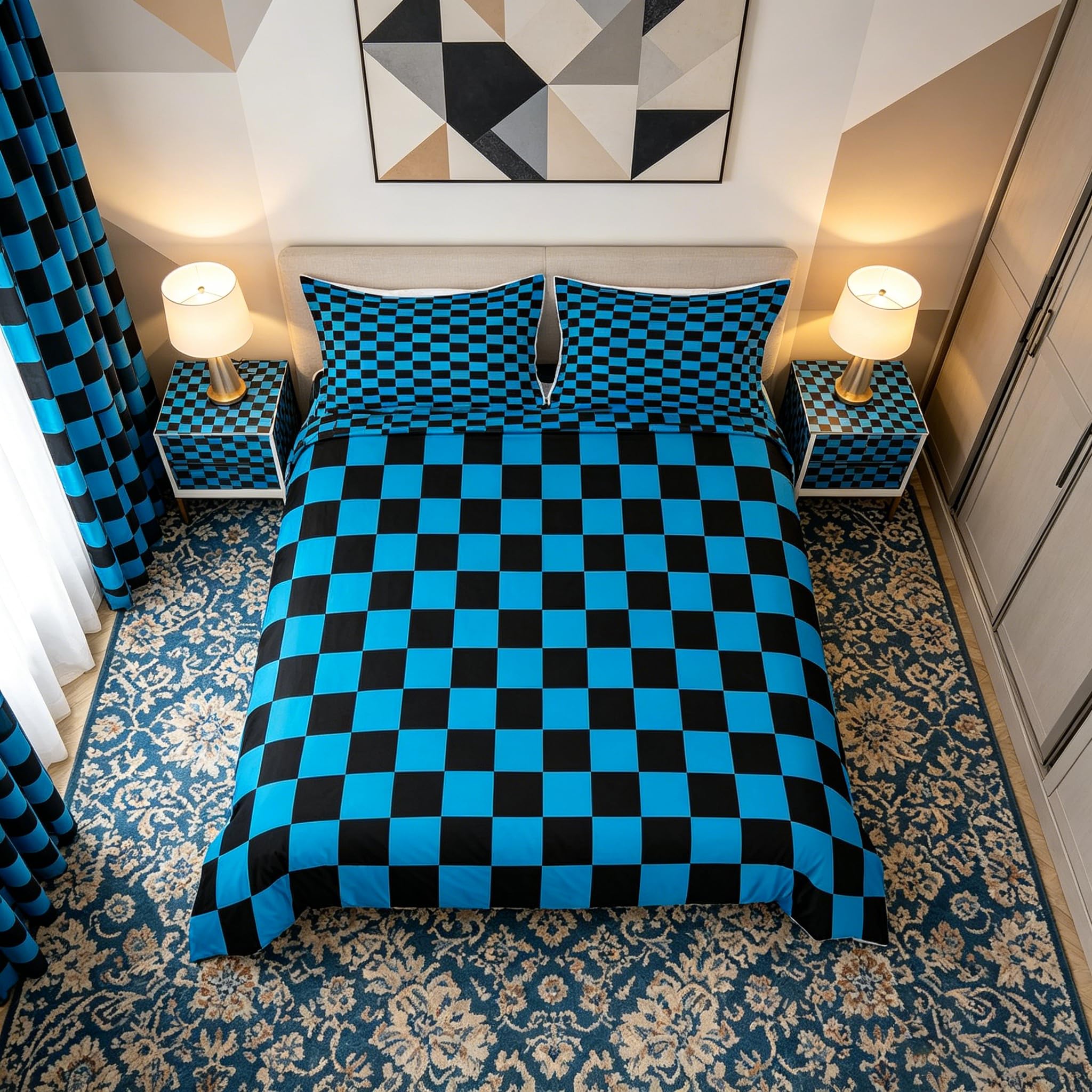 Housse de couette géométrique Manfei pour très grand lit : parure de lit 3 pièces à carreaux