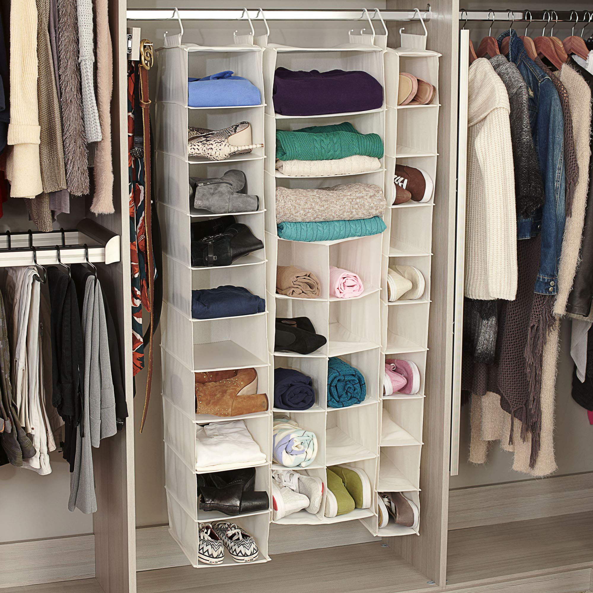 Household Essentials 311342 Hanging Closet Organizer | 3 Pocket Shelves | Natural Canvas