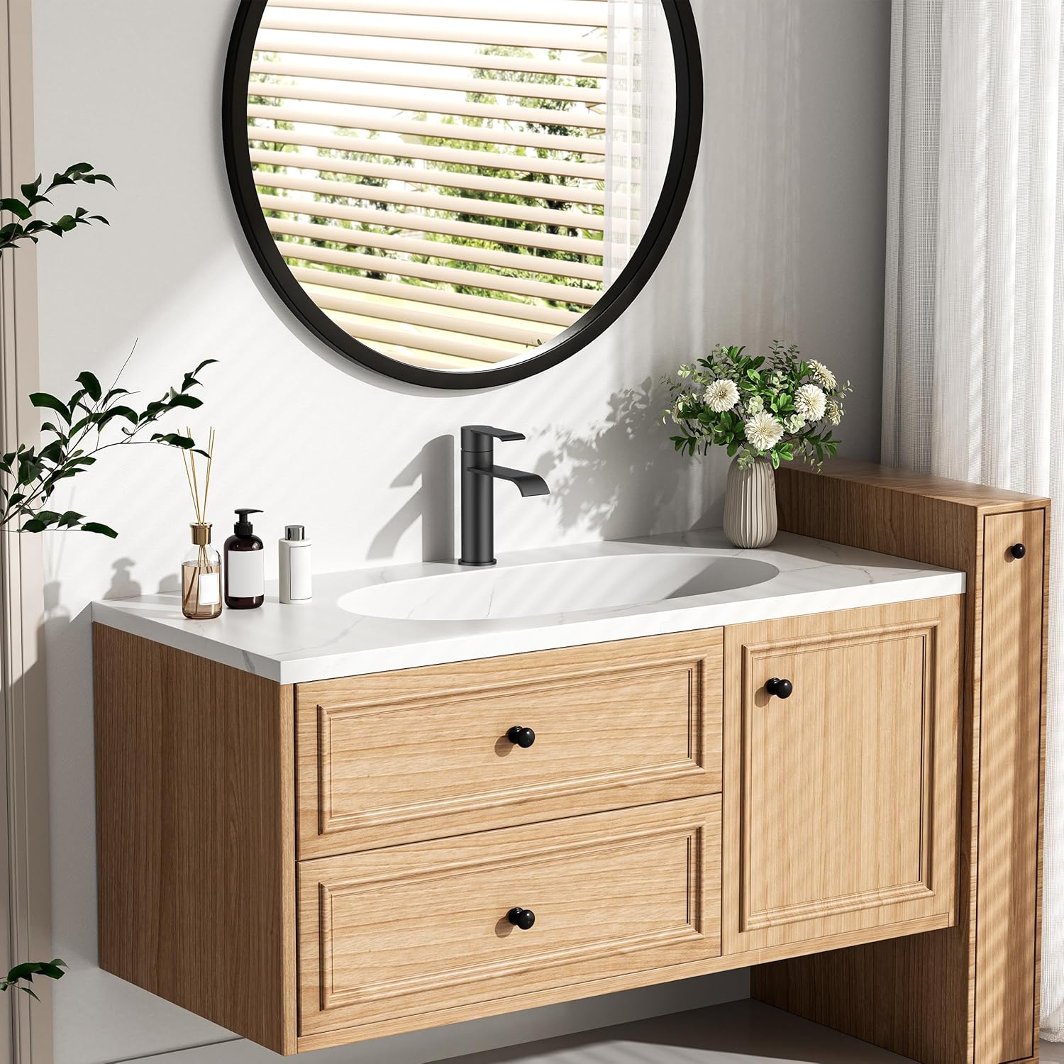 FORIOUS Black Bathroom Faucet 1 Hole, Single Handle Matte Black Waterfall Bathroom Faucet Single Hole for Rv, Lavatory, Restroom Tap with 3 Hole Adapter Deck Plate, Pop Up Drain and 24" Supply Hose