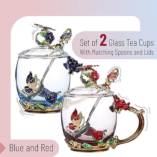 Miniatura 2 de BTaT- Juego de tazas de té de vidrio floral con tapas y cuchara, paquete de 2, 11 onzas, azul y rojo, diseño de flores con caja de regalo, tazas de