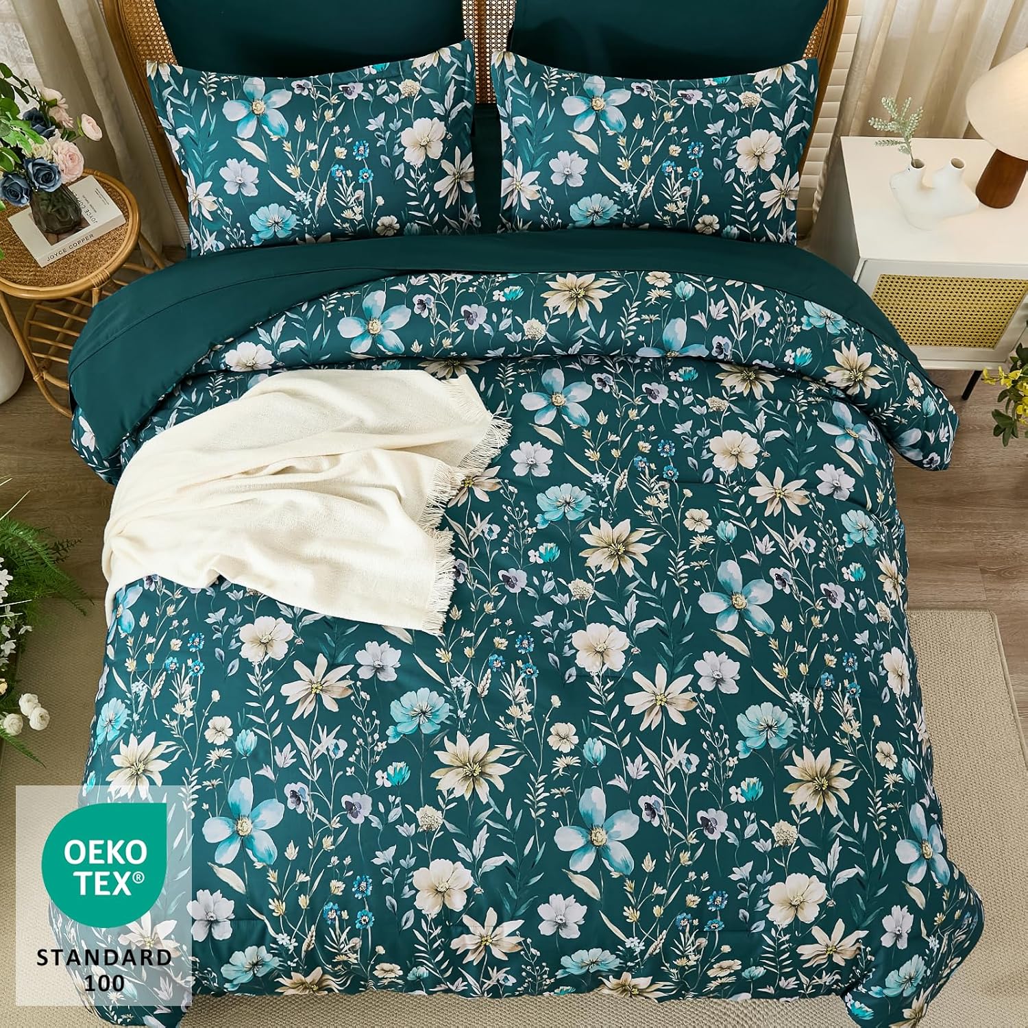 Luxudecor Queen Floral Comforter Set 7 Pieces,Teal Floral Comforter with Sheet Set,Flowers Leaves Pattern Bed in a Bag,Soft Microfiber Bed Set 90"x90"
